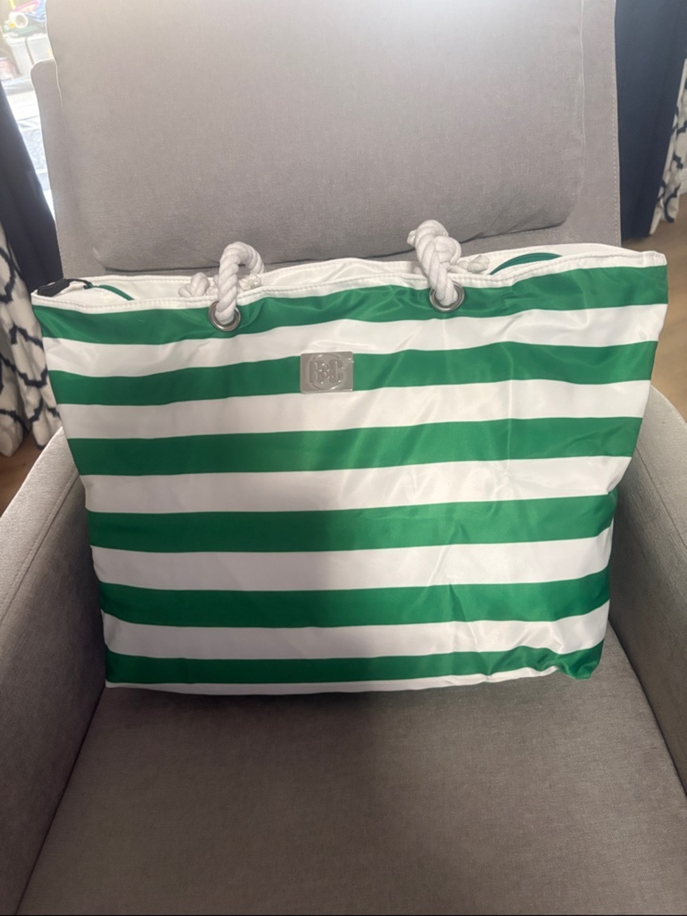 BCBGeneration Green and White Striped Rope-Handle Tote